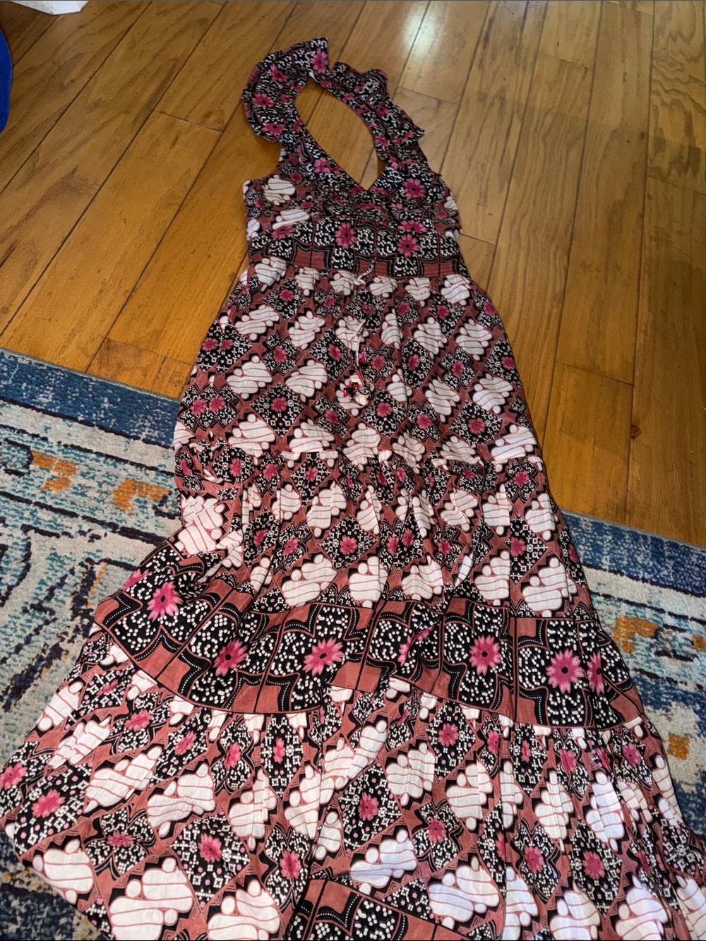 HUNTER BELL Pink and Black Floral Tiered Maxi Dress